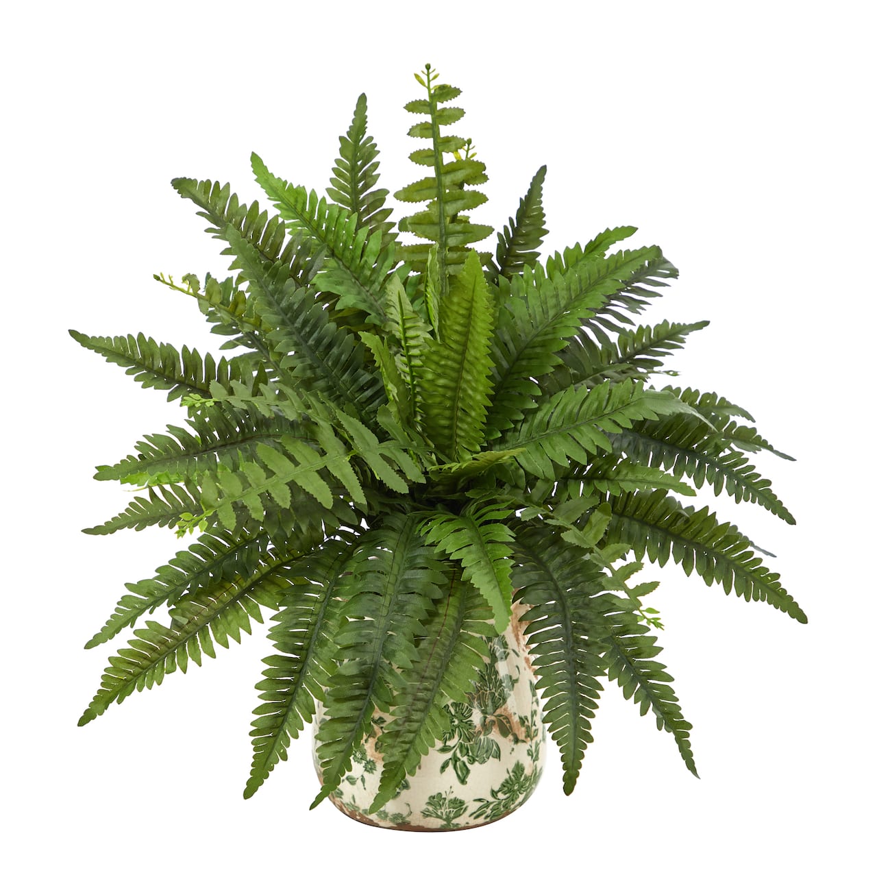 15" Boston Fern Artificial Plant with Tuscan Ceramic Green Scroll Planter